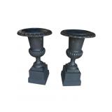 2 LARGE CAST IRON URNS ON PEDESTALS
