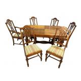 WALNUT CARVED DINING ROOM TABLE AND 6 CHAIRS,