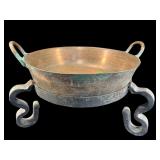 LARGE ANTIQUE SOLID COPPER BOWL ON IRON STAND