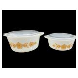2 VINTAGE PYREX BUTTERFLY GOLD LIDDED CASSEROLES