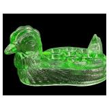 GREEN GLASS ROOSTER EGG DISH