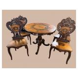 RARE WALNUT CARVED PICTORIAL INLAID TABLE AND 4