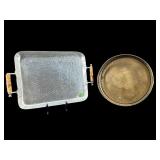 2 PC LOT HAMMERED METAL AND BRASS SERVING TRAYS