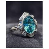 PLATINUM NATURAL GREEN BLUE ZIRCON & DIAMOND RING