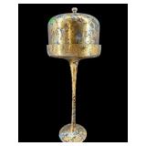 TALL GOLD AND SILVER ACCENT GLASS COMPOTE WITH LID
