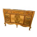 WALNUT AND MAHOGANY INLAID HEAVY CARVED DRESSER