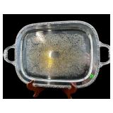 LARGE ORNATE SILVER PLATE FOOTED SERVING TRAY
