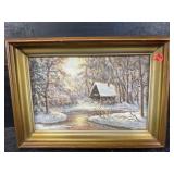 TEXTURED OIL ON BOARD CABIN SCENE