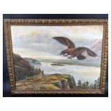 LARGE HAWK IN FLIGHT OIL ON CANVAS IN ORNATE GOLD