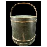 LARGE ANTIQUE WOODEN PAINT DECORATED SUGAR BUCKET