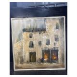 MID CENTURY VILLAGE STREET SCENE OIL ON CANVAS