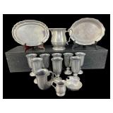 LARGE LOT OF PEWTER STEMS, PLATTERS AND PITCHERS