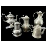 5 PC LOT EARLY PEWTER PITCHERS AND COFFEE POTS