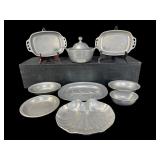 LARGE LOT OF CARSON PEWTER PLATTERS, TUREEN AND