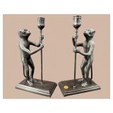 2 MAITLAND SMITH TALL BRONZE MONKEY CANDLE HOLDERS