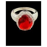 DESIGNER DBJ STERLING SILVER RED CLEAR CZ RING;