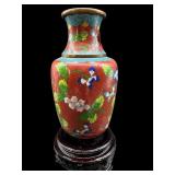 ANTIQUE RED CLOISONNE VASE ON STAND