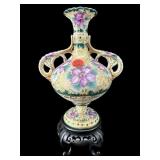 ANTIQUE HAND PAINTED PORCELAIN URN BUD VASE ON