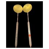 2 LARGE BRASS & HAND FORGED IRON LADLEï¿½S. THEY