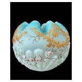 VICTORIAN BLUE SATIN HAND PAINTED RUFFLED ROSE