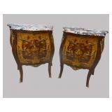 2 MARQUETRY INLAID FRENCH MARBLE TOP COMMODES