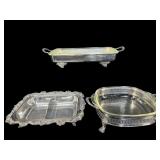 3 PC LOT SILVERPLATE SERVING DISHES WITH PYREX