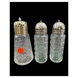 3 PC LOT GLASS SUGAR SHAKER & SALT AND PEPPER
