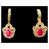 PR OF 925 STERLING RUBY & DIAMOND EARRINGS