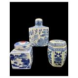 LOT OF 3 BLUE AND WHITE CANISTERS