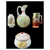 4 PC LOT ANTIQUE PORCELAIN BUD VASES/COVERED JAR