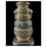 LARGE JAPANESE CHAMPLEVE BRASS AND ENAMEL VASE ON