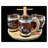 7 PC SET OF SIESTA WARE COWBOY BARREL MUGS ON TRAY