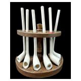 ELM PIPE HOLDER WITH 6 CLAY ANTIQUE PIPES