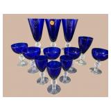 SET OF 12 COBALT AND CLEAR STEMWARE