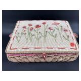 NEEDLEPOINT SEWING BASKET WITH CONTENTS
