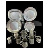 LARGE LOT OF MIXED PEWTER PLATTERS, MUGS AND