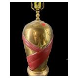 BRASS AND LEATHER TABLE LAMP WITH SHADE