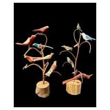 PR OF WOODEN FOLK ART BIRDS ON BRANCH STAND