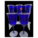 SET OF 5 COBALT SILVER RIM WINE GLASSES