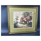 COTTAGE ROAD SCENE ENGRAVING IN FRAME