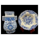 2 PC LOT FLOW BLUE PORCELAIN BOWL & VASE