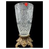 CUT CRYSTAL VASE ON ORNATE METAL STAND
