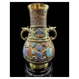 ANTIQUE CHAMPLEVE ENAMEL 2 HANDLE VASE ON STAND