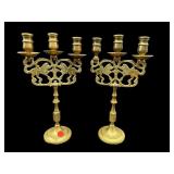 PR OF SOLID BRASS  ANTIQUE 3 ARM CANDELABRAS