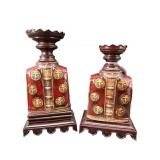 2 PORCELAIN ON WOOD STANDS CANDLE HOLDERS