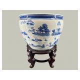 LARGE ORIENTAL BLUE AND WHITE PORCELAIN FISHBOWL