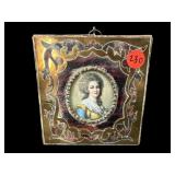 MINIATURE PORTRAIT IN BRASS WOOD INLAID FRAME
