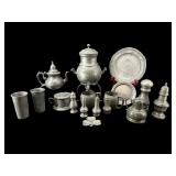 LARGE LOT OF EARLY PEWTER PITCHERS, SUGAR