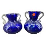PR OF COBALT GLASS 2 HANDLE VASES