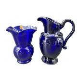 2 PC LOT COBALT GLASS PITCHER & VASE